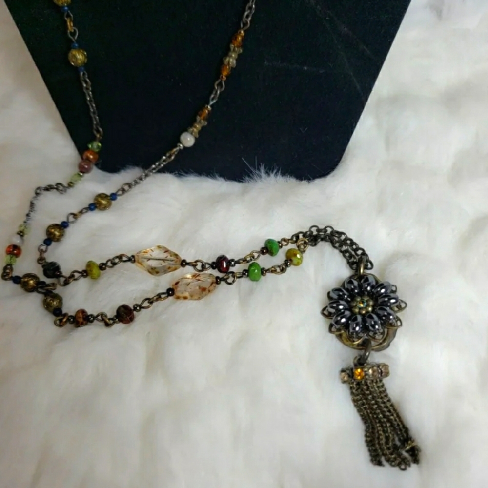 Long Multi-Colored Beaded Necklace with Tassel Pendant